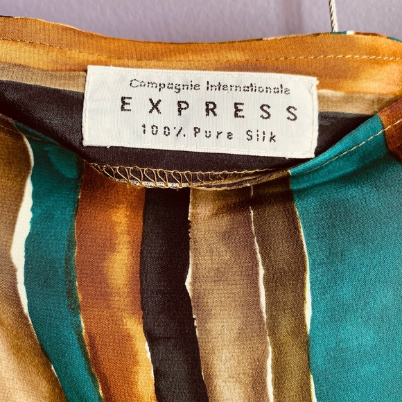 Vintage 90s Express Brown Green Umber Tan Western Stripe Wrap Skirt Pure Silk 9 - Picture 6 of 7